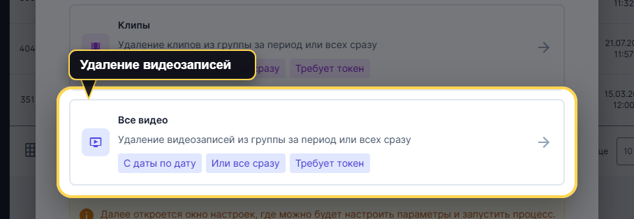 Окно выбора типа удаления в VK Panel с отдельной карточкой массового удаления всех видео.