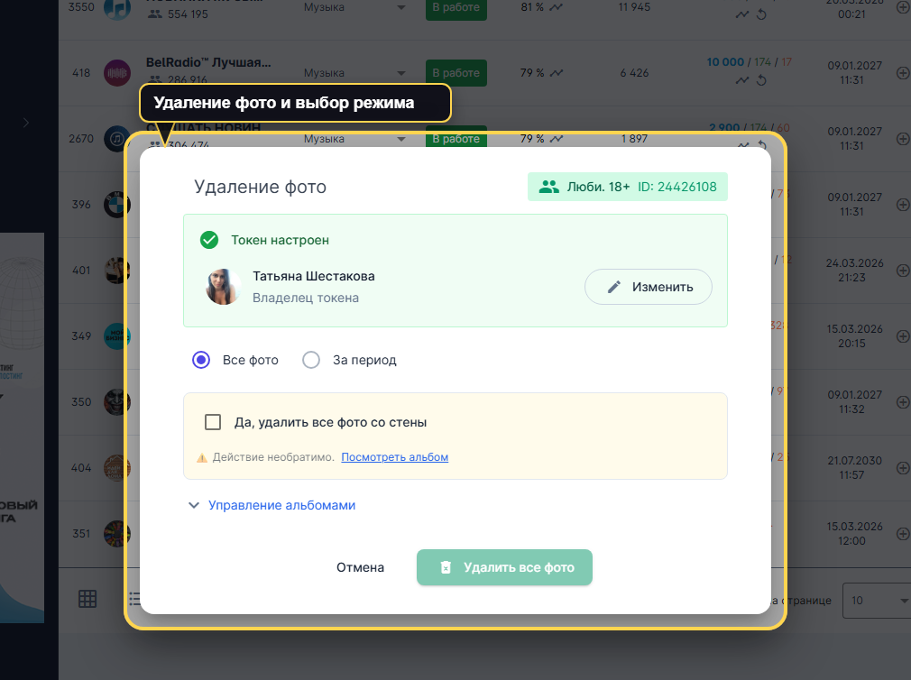 Окно VK Panel для удаления фото со стены с токеном, режимом все или за период и параметрами запуска.