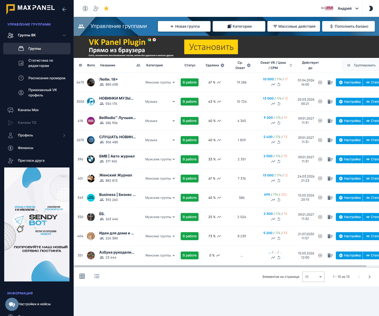Экран управления группами в VK Panel со списком сообществ и кнопкой «Новая группа».